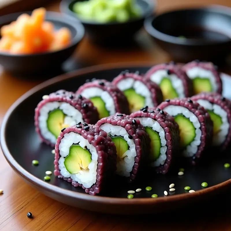 Rollos de makizushi veganos con arroz morado vibrante, rellenos de aguacate cremoso y pepino crujiente, cortados en porciones y servidos sobre una tabla de madera con salsa de sésamo y semillas tostadas.
