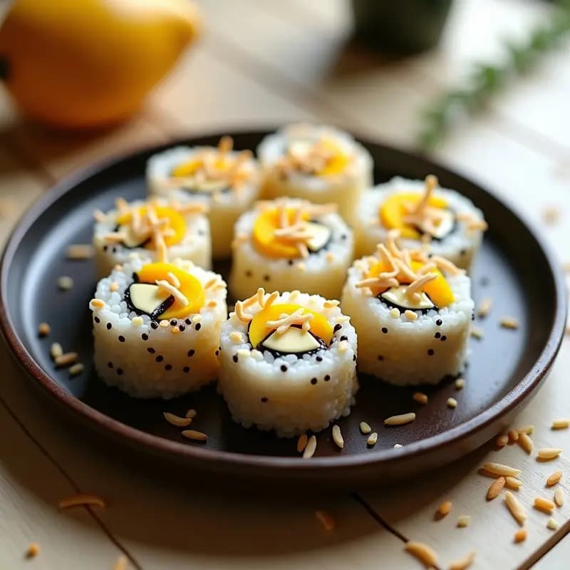 Rollos de Makizushi de Mango y Queso Crema cortados en porciones, mostrando capas de arroz sazonado, mango amarillo brillante y queso crema, decorados con coco rallado y semillas de sésamo negro sobre un plato de madera oscura.