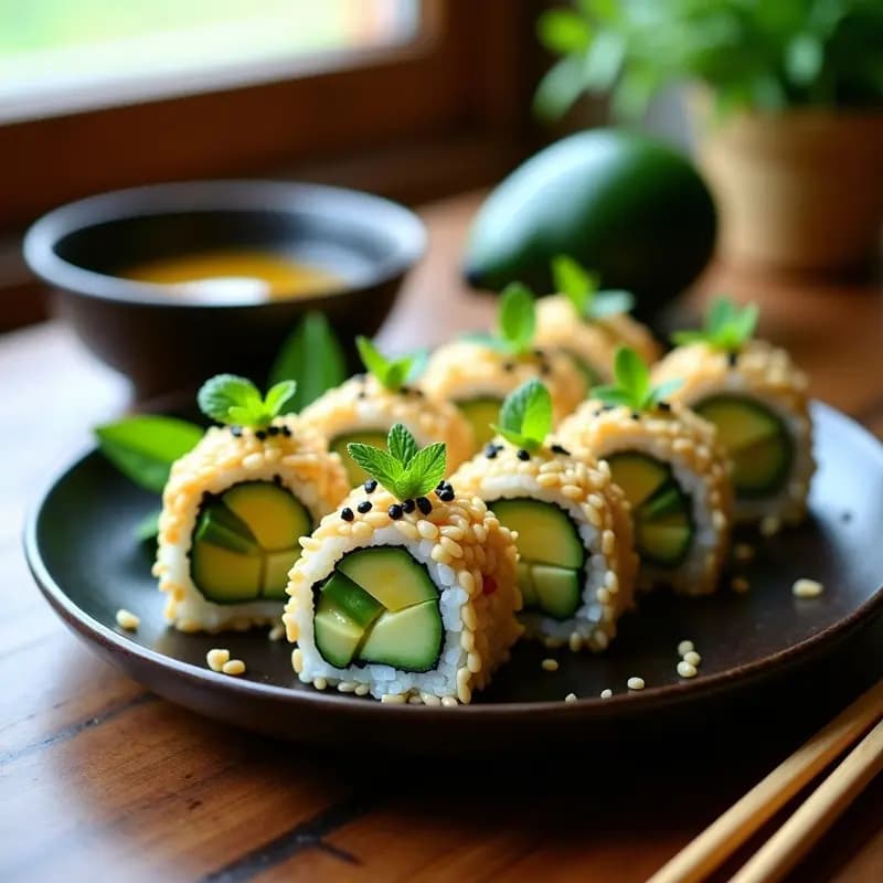 Rollos de makizushi crudivegano con envoltura dorada de alpiste germinado, rellenos de aguacate cremoso, pepino fresco y zanahoria juliana, servidos en plato de madera con vinagreta de tamari y wasabi, espolvoreados con semillas de sésamo negro.