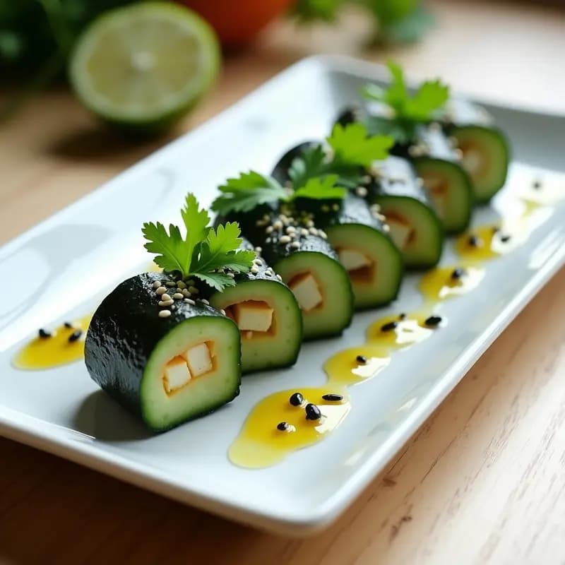 Plato blanco con makizushi de pepino y queso feta cortados en porciones, espolvoreados con sésamo negro y acompañados de salsa de soja, receta vegana y fresca.