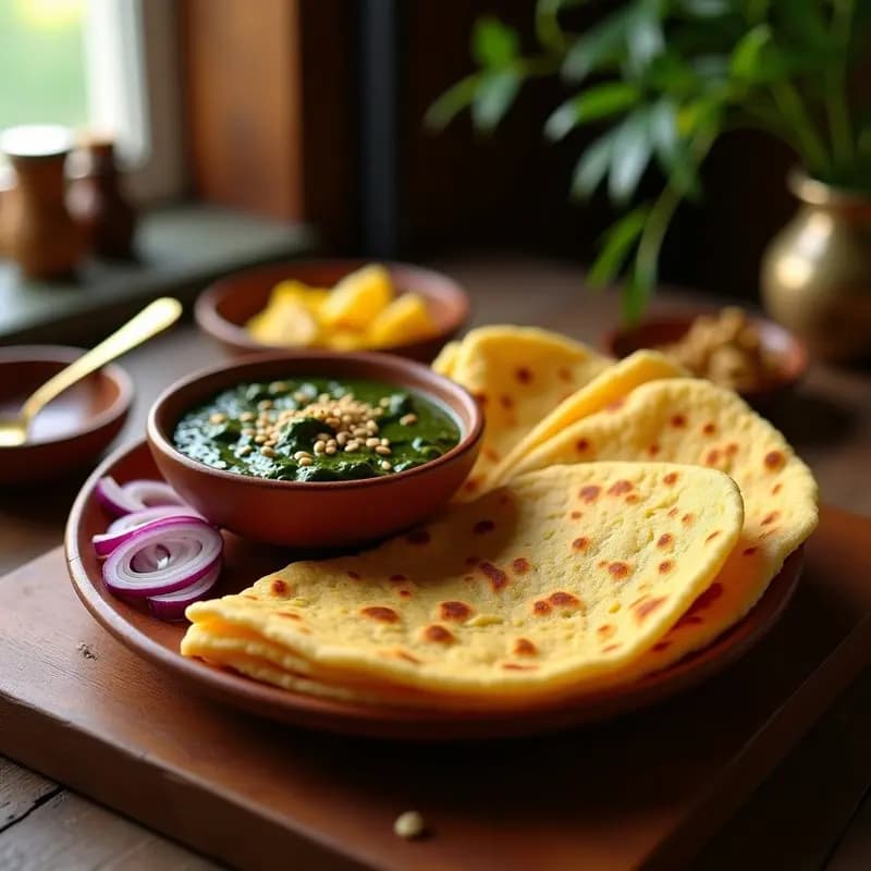 Plato tradicional indio de Makki di Roti con Sarson ka Saag: pan de maíz dorado y esponjoso servido junto a un guiso espeso de espinacas y hojas de mostaza con especias, bañado en ghee y acompañado de crema agria.