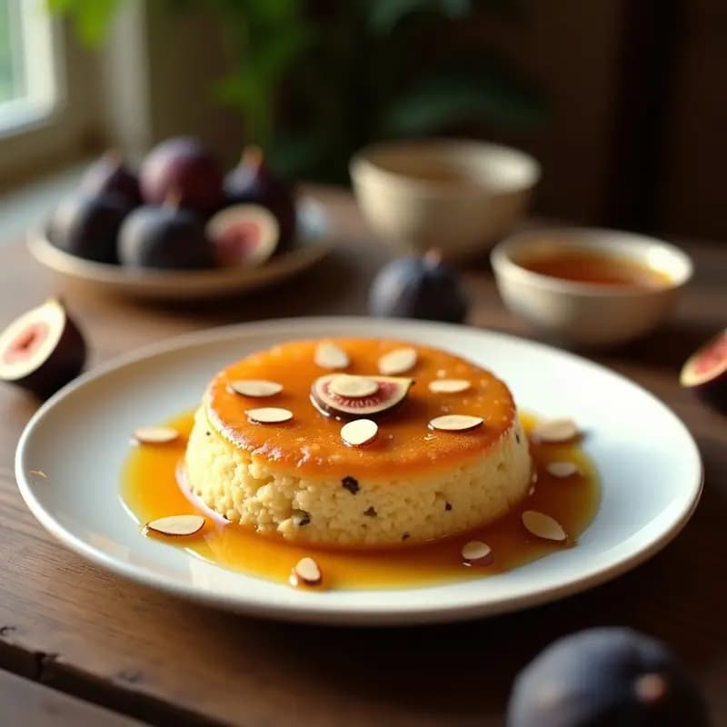 Makrud de higos y sémola con miel, postre argelino sin gluten, servido en plato de cerámica blanca con higos caramelizados y almendras fileteadas, bañado en miel dorada.