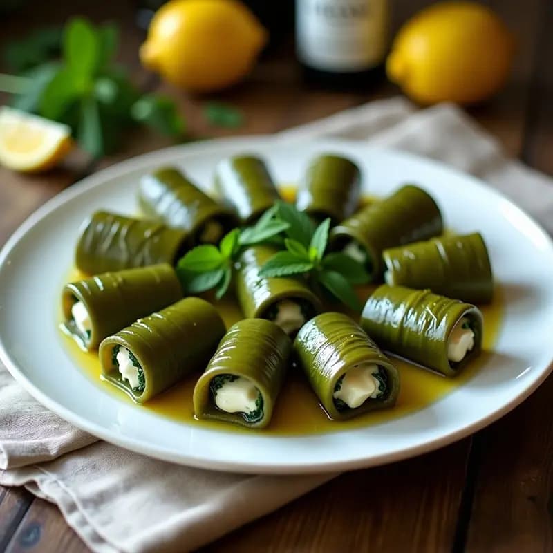 Plato blanco con makrutos sirios de queso y espinacas en hoja de parra, dispuestos en círculo y acompañados de rodajas de limón y menta fresca. Receta tradicional árabe de pastel salado al vapor.