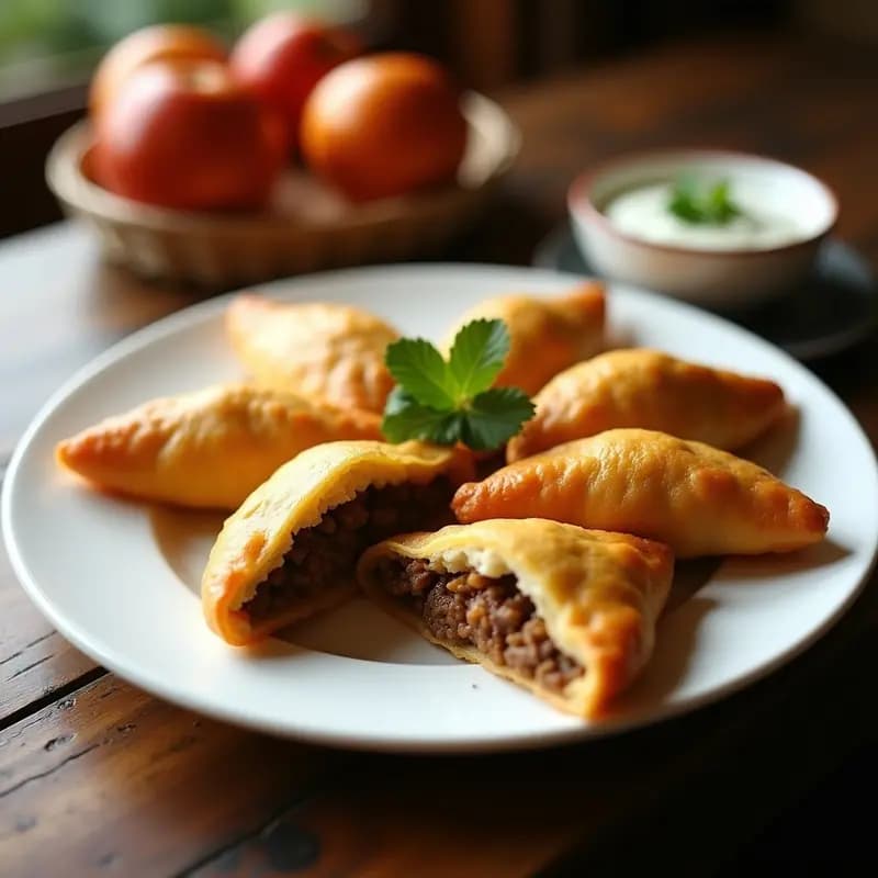 Plato blanco con Maleconritos Puertorriqueños dorados y crujientes, rellenos de carne y plátano, servidos con salsa de yogur y cilantro, receta dulce-salada.