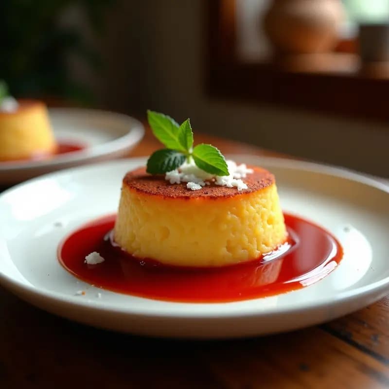 Malva Pudding esponjoso y dorado en un plato blanco, bañado con salsa de Brandis brillante y espesa, decorado con hojas de menta y virutas de coco. Postre sudafricano sin gluten con textura húmeda y aroma a vainilla.