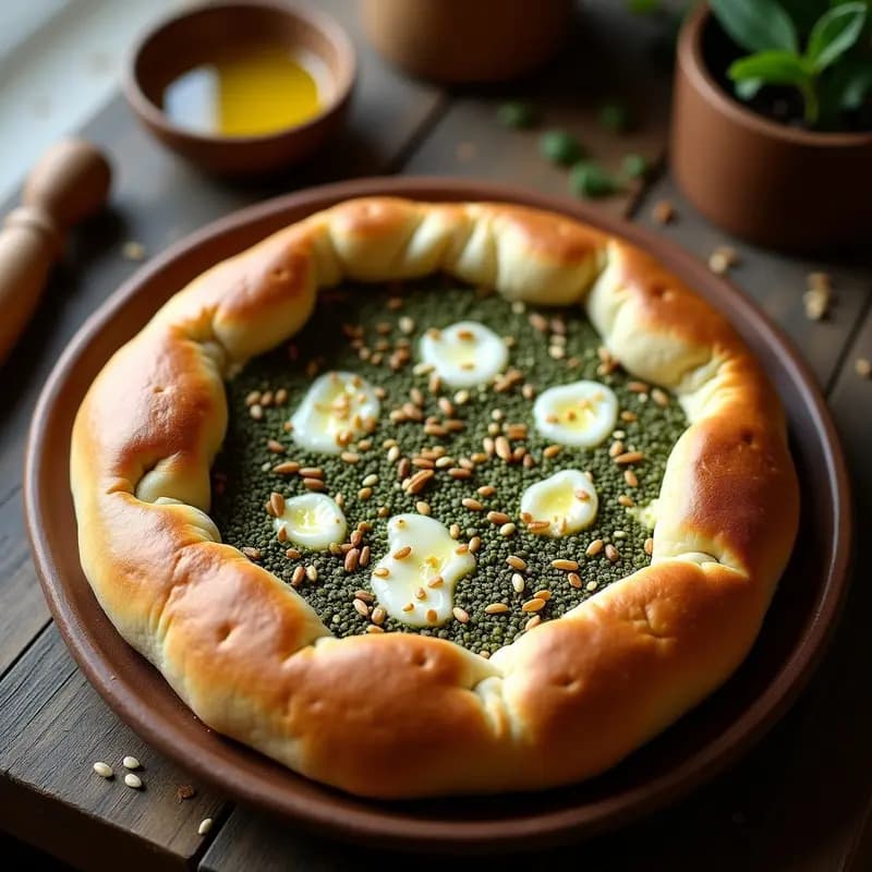 Pan árabe manakish recién horneado con base dorada y crujiente, cubierto de zaatar verde oscuro y queso akkawi fundido, espolvoreado con semillas de sésamo. Vista cenital sobre fondo rústico de madera.