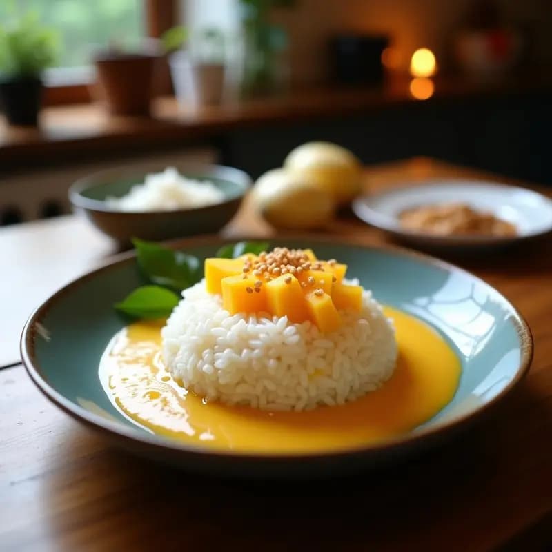 Plato blanco hondo con Mango Sticky Rice: arroz glutinoso cremoso bañado en salsa de leche de coco, acompañado de láminas doradas de mango maduro y espolvoreado con semillas de sésamo negro tostadas. Fondo borroso con hojas de pandan y un cuenco de madera.