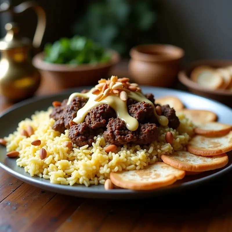 Plato tradicional jordano Mansaf con cordero desmenuzado sobre arroz basmati especiado y pan árabe fino, bañado en salsa de yogur jameed, decorado con almendras y piñones tostados.