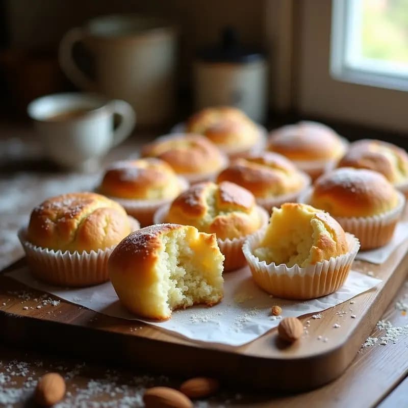 Mantecadas de Astorga sin gluten doradas y esponjosas, con superficie ligeramente agrietada, servidas en moldes de papel sobre una bandeja de madera rústica, acompañadas de una taza de café.