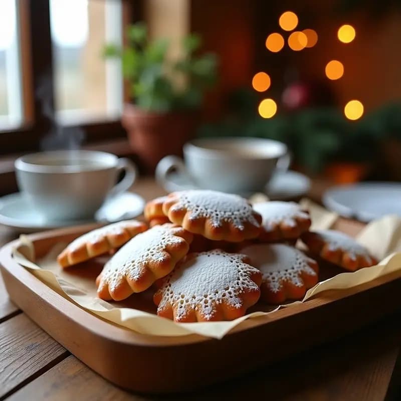 Bandeja de madera con mantecados caseros de almendra y canela recién horneados, espolvoreados con azúcar glas, sobre papel de hornear. Fondo borroso con luces navideñas y una taza de café humeante.