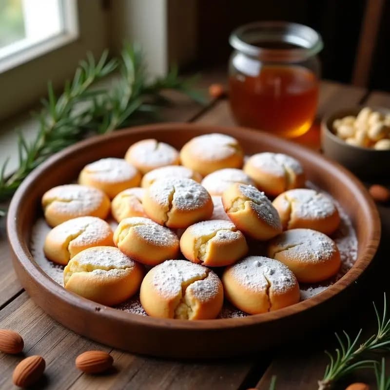 Bandeja de madera con mantecados de Cerdeña con miel, galletas doradas y esponjosas decoradas con azúcar glas, sobre fondo rústico de Navidad.