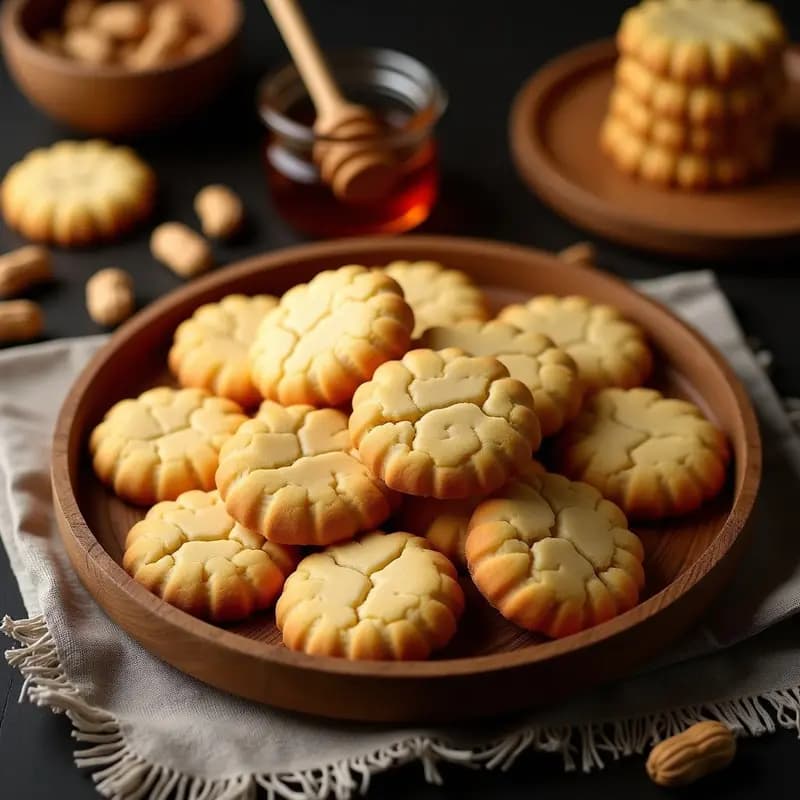 Mantecados de maní y miel sin harina dispuestos en una bandeja de madera rústica, dorados y con grietas superficiales, acompañados de granos de maní tostado y un tarro de miel al fondo. Receta tradicional colombiana sin gluten.