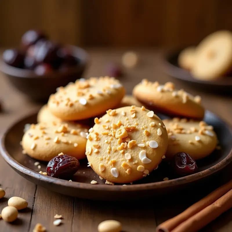 Plato de madera con mantecol chileno en forma de alfajores redondos, cubiertos de maní picado y espolvoreados con canela, textura compacta y dorada, fondo rústico con ingredientes naturales.