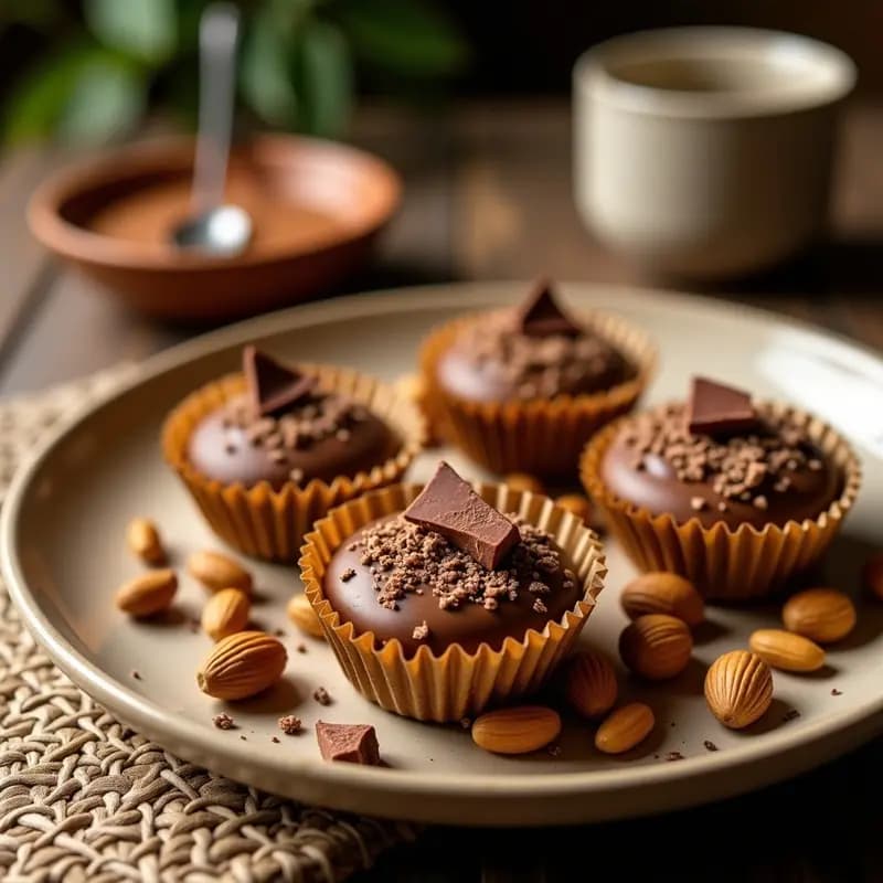 Porciones de mantecol con maní y chocolate en moldes de papel, decoradas con virutas de chocolate negro y trozos de maní tostado, postre colombiano sin horno y sin gluten.