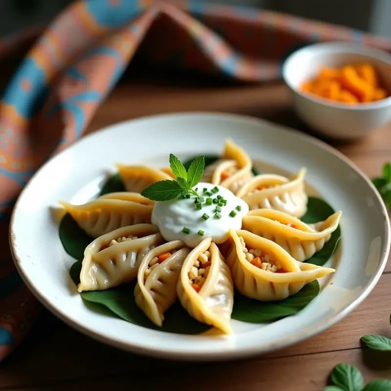 Plato de cerámica blanca con manti uzbekos veganos al vapor, rellenos de calabaza butternut y queso de soja, dispuestos en capas sobre hojas de laurel. Acompañados de yogur de soja con menta y perejil fresco espolvoreado. Fondo de tela estampada con motivos tradicionales uzbekos.