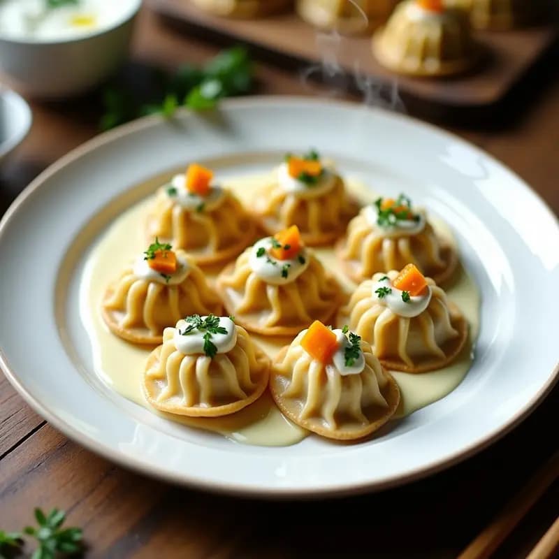 Plato blanco con manti turcos de calabaza y queso vegano al vapor, servidos con salsa de ajo y yogur, decorados con perejil fresco y aceite de oliva.