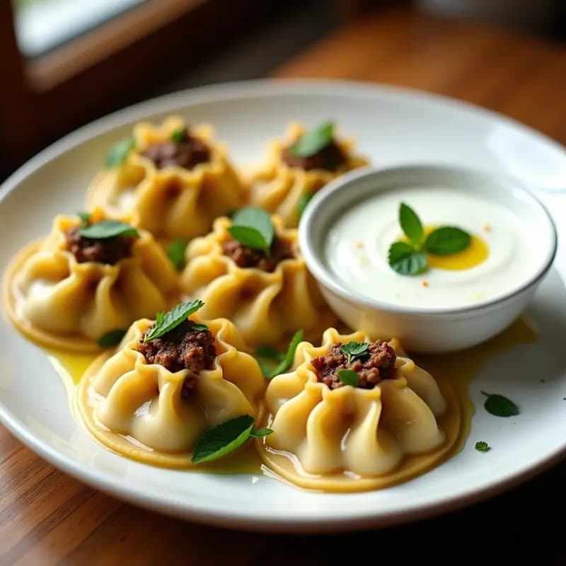 Plato blanco hondo con Manti Turcos al vapor, dumplings rellenos de carne de cordero, bañados en mantequilla dorada con ajo y acompañados de salsa cremosa de yogur y menta fresca, receta tradicional turca en 30 minutos.
