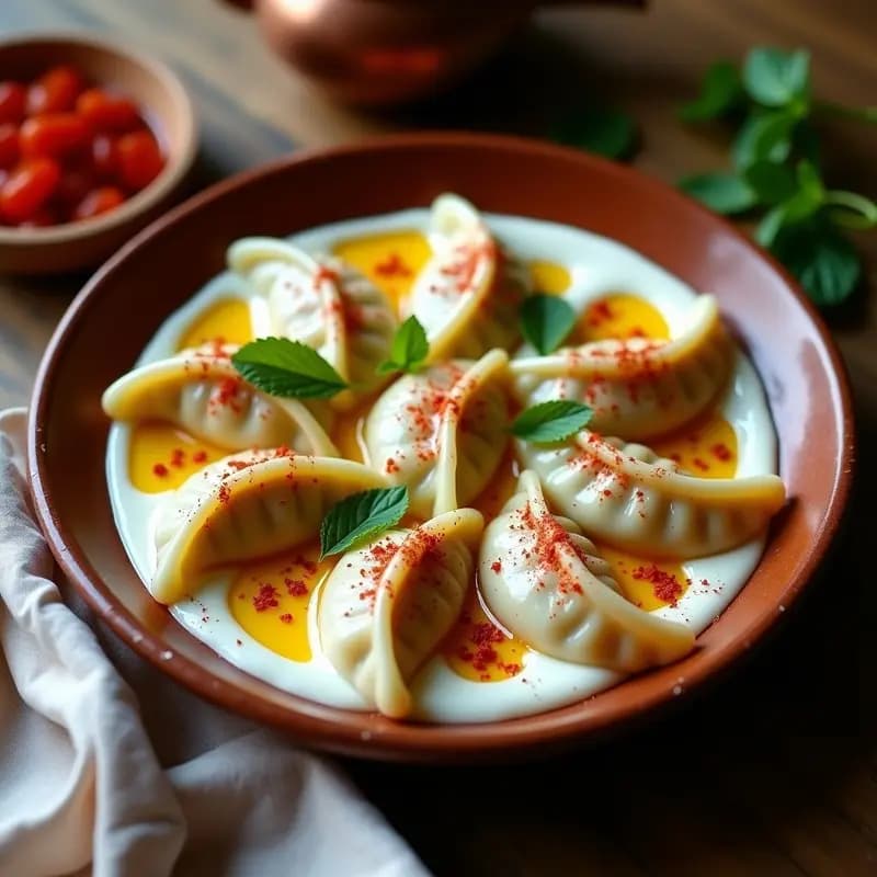 Plato tradicional de Manti Turco con Yogur y Mantequilla Clarificada, dumplings rellenos de carne especiada dispuestos en círculo sobre una salsa cremosa de yogur, coronados con mantequilla dorada, sumac y hojas de menta fresca, servidos en plato de barro rústico.