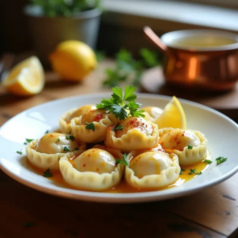 Plato blanco con Manti Turcos al vapor, dumplings en forma de barco rellenos de cordero, bañados en salsa de yogur cremoso y ajo negro, decorados con menta fresca y un hilo de mantequilla derretida.