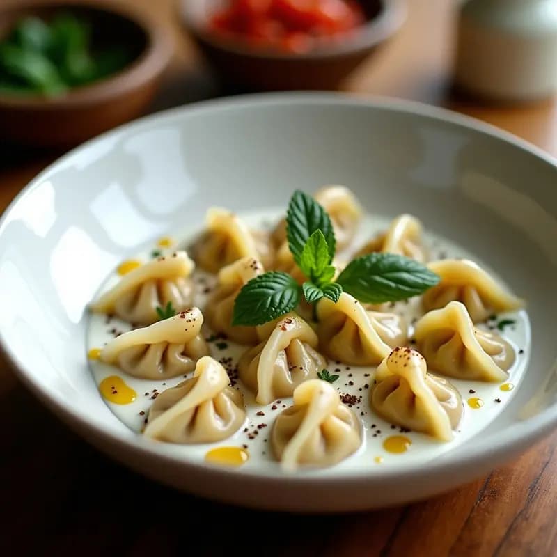 Plato hondo de cerámica blanca con Manti Turco al vapor, dumplings de carne finamente rellenos, bañados en salsa cremosa de yogur y ajo, decorados con mantequilla dorada, pimienta de Alepo y hojas de menta fresca. Receta tradicional de Anatolia en olla.