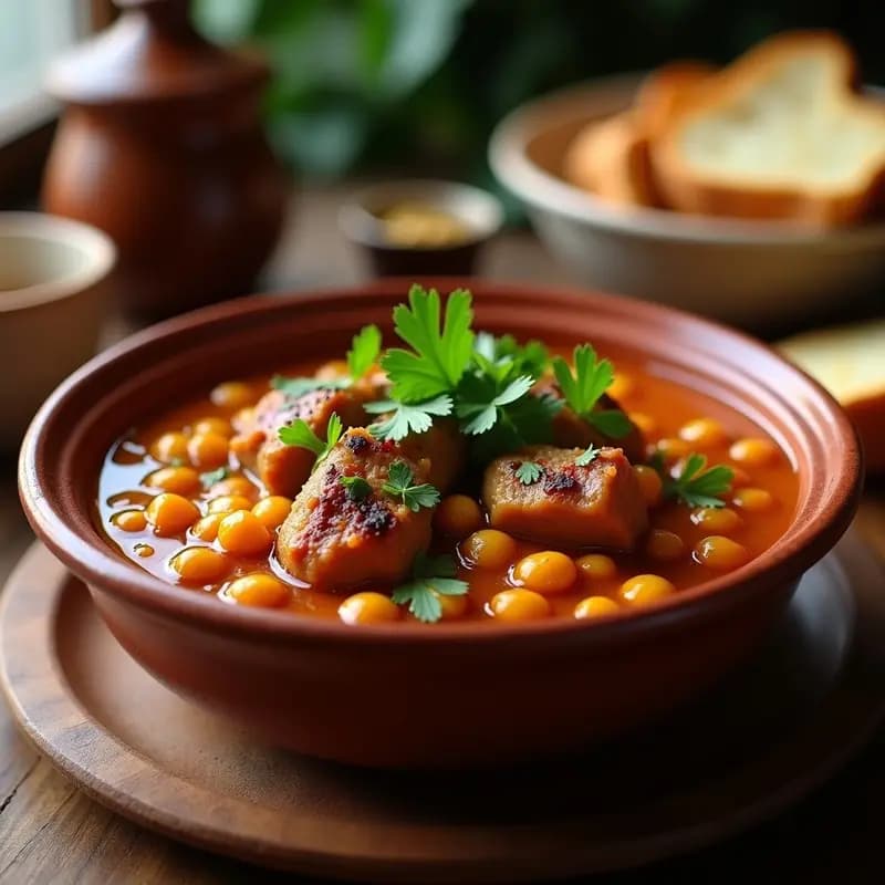Plato tradicional portugués de LMão de Porco à Alentejana con garbanzos tiernos, trozos de pan de maíz y cilantro fresco, servido en cuenco de barro rústico.