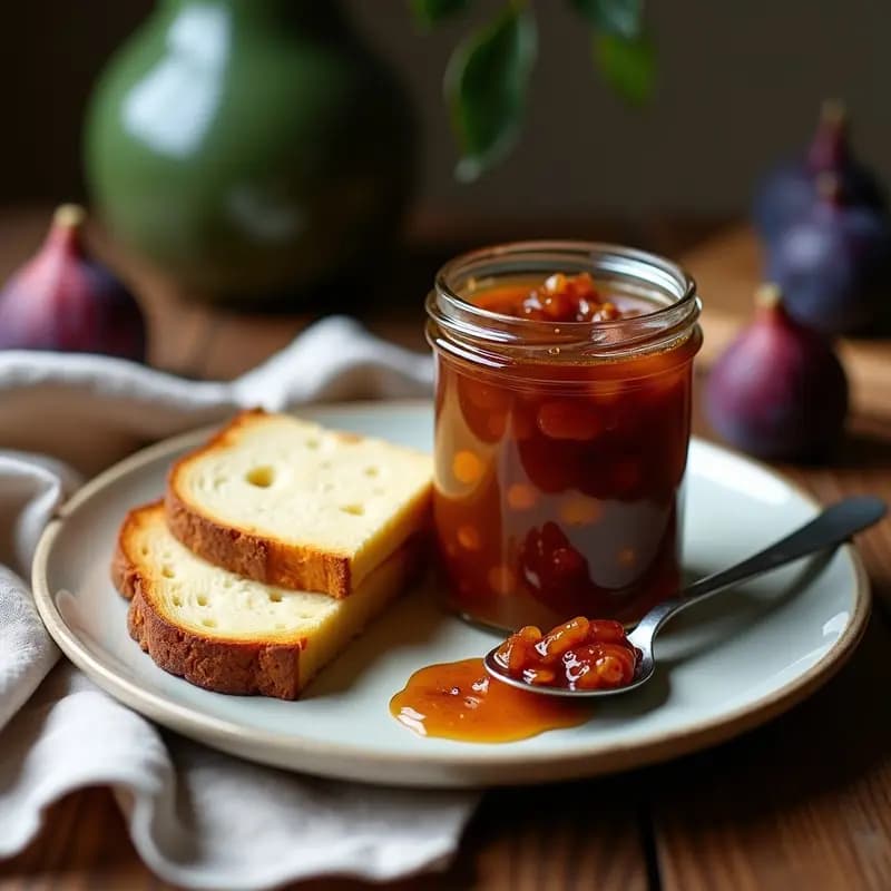 Tarro de cristal transparente con marmelada de higos con nueces, textura cremosa y trozos de nueces tostadas visibles, acompañado de un queso curado y pan tostado en una mesa rústica de madera.