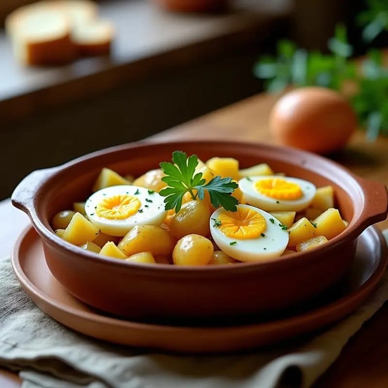 Cazuela de barro con marmita de bonito desmenuzado, patatas en cubos dorados y huevos duros cortados en cuartos, decorada con perejil fresco. Plato típico vasco de verano.