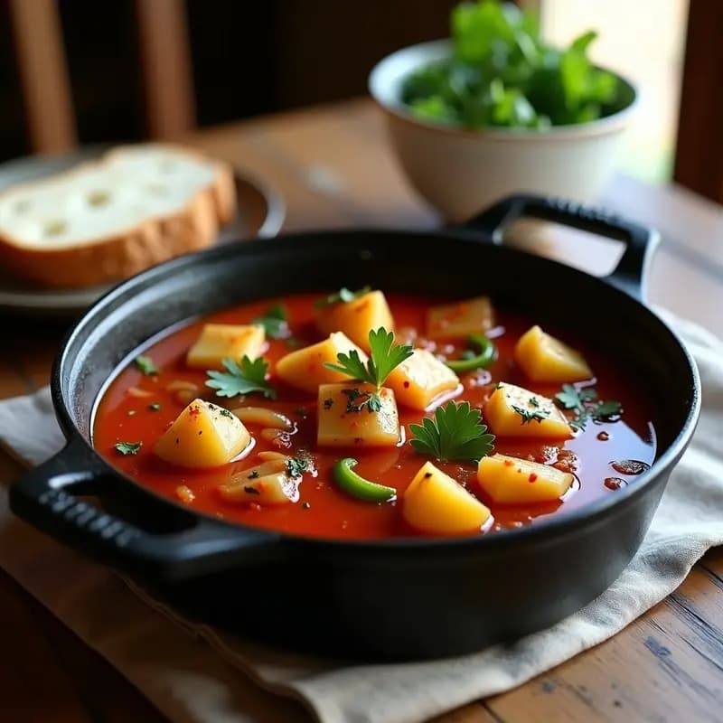 Cazuela de hierro fundido con marmita de bonito y patatas panaderas, trozos de bonito fresco y rodajas de patata doradas en su jugo, decorada con pimiento verde y cebolla. Plato tradicional vasco humeante.