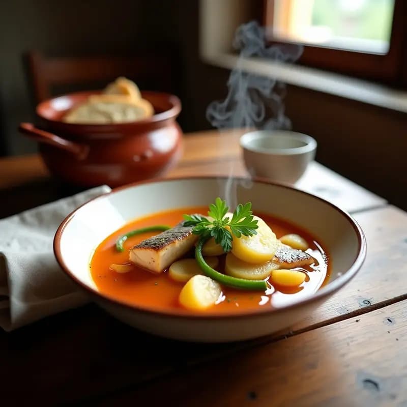 Olla de barro humeante con marmita de bonito, patatas en rodajas y pimientos verdes en salsa espesa, servida en un plato hondo rústico con perejil fresco. Receta tradicional vasca de pescado.