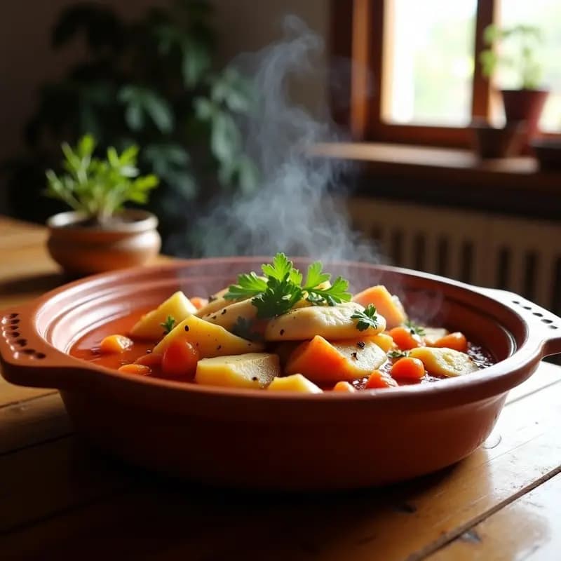 Cazuela de barro humeante con marmita de congrio gaditano, trozos de pescado blanco en salsa espesa de tomate y patatas, decorada con perejil fresco.