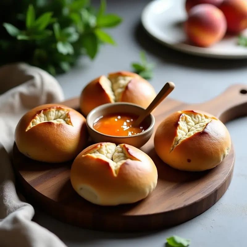 Rebanadas doradas de pan de masa madre de trigo sarraceno sobre un plato de madera rústico, untadas con mermelada de durazno brillante y espolvoreadas con nueces picadas. Fondo con textura de lino y luz natural que resalta el contraste entre el pan oscuro y el color ámbar de la mermelada.