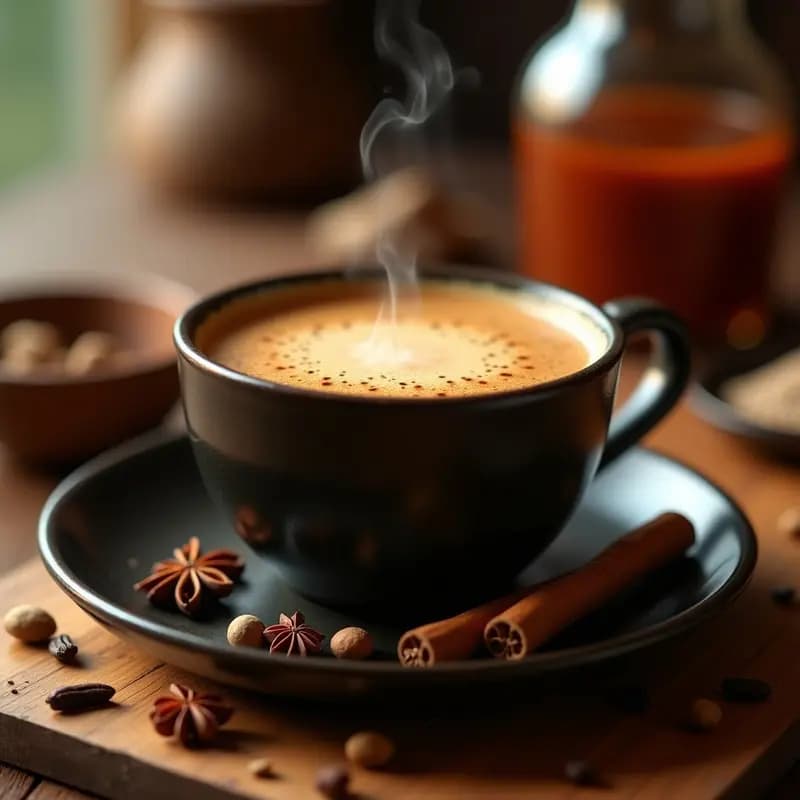 Taza de cerámica oscura con masala chai espeso y aromático, espuma cremosa en la superficie, especias enteras y una rama de canela al lado, fondo rústico de madera.