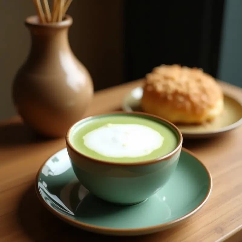 Taza de cerámica blanca con matchinga latte de color verde claro, coronado por una espuma de coco esponjosa y brillante. Fondo con hojas de bambú y cucharita de madera, iluminación natural suave.