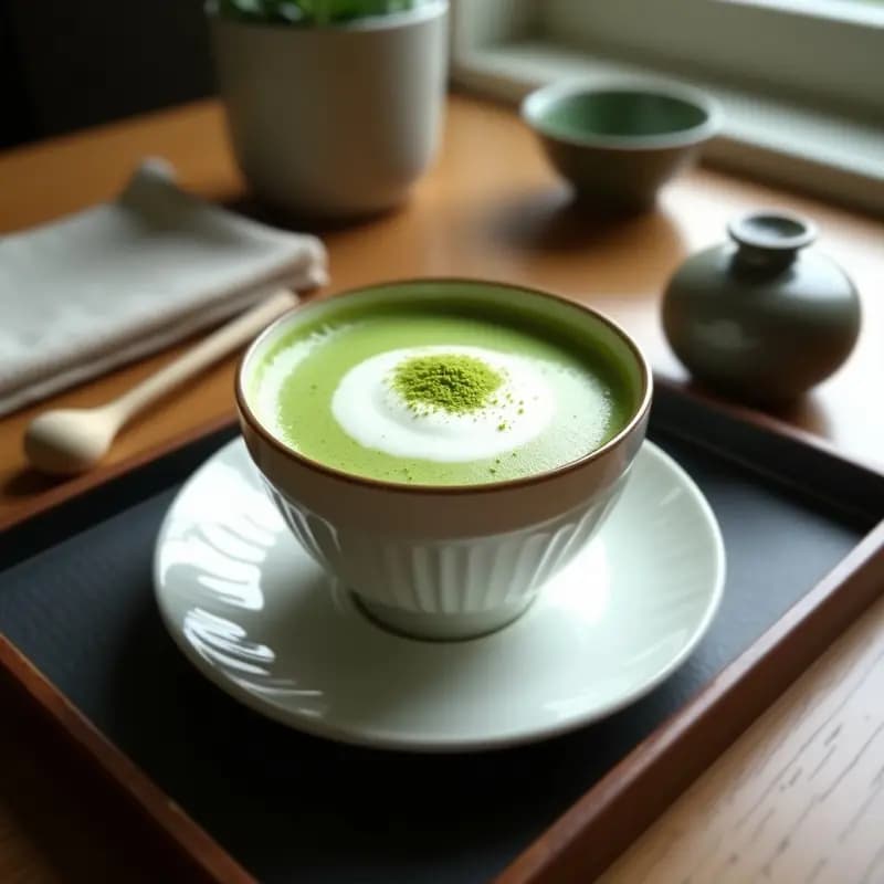 Taza blanca de cerámica con Matcha Latte Japonés, bebida energética de té verde en polvo, espuma cremosa en la superficie, color verde vibrante, decorada con un espolvoreado de matcha y semillas de cardamomo al lado, fondo minimalista con luz natural.