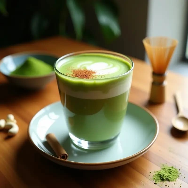 Vaso transparente con latte japonés vegano de matcha y leche de anacardo, espuma verde brillante en la superficie, espolvoreado con canela y matcha en polvo, fondo rústico con anacardos y hojas de té verde.