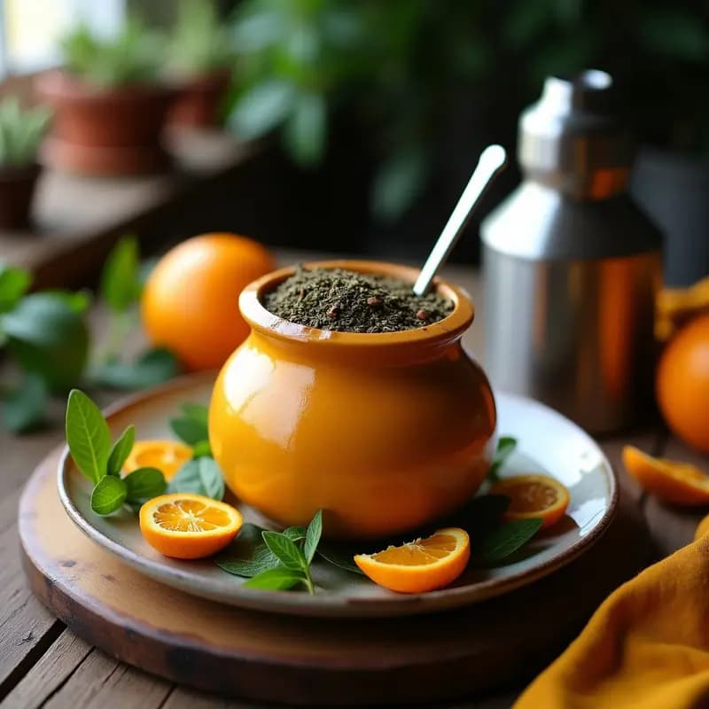 Mate de calabaza tradicional argentino con yerba, bombilla y hierbas como peperina y cedrón, acompañado de cáscara de naranja deshidratada sobre una mesa rústica de madera, bebida energizante tradicional.