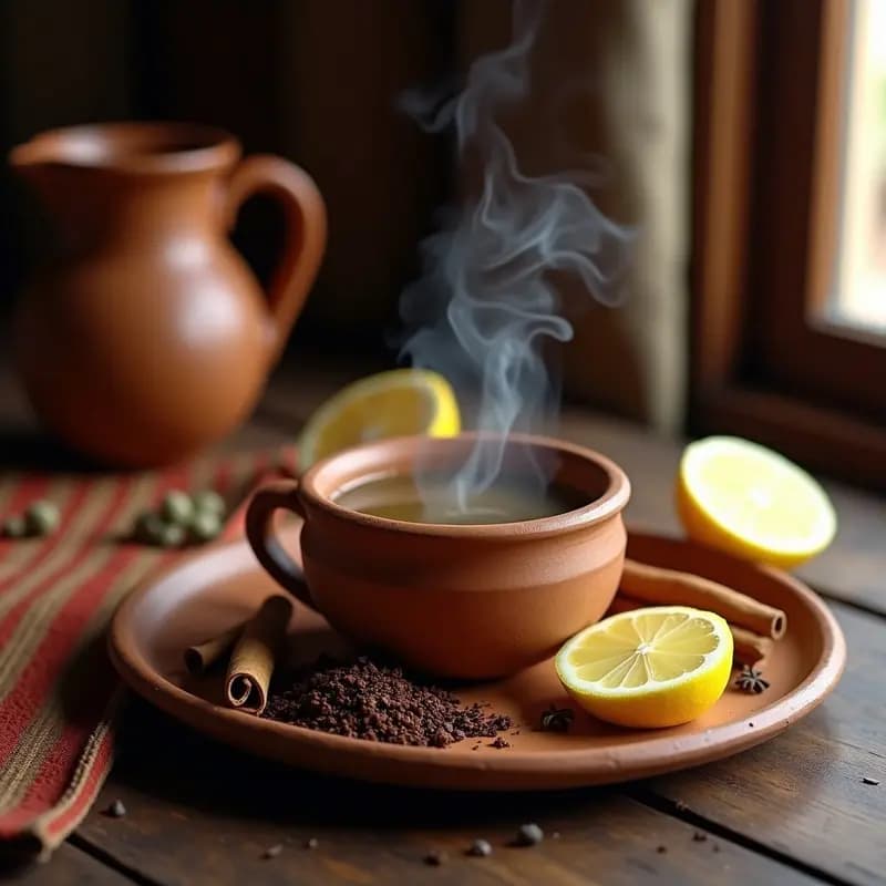 Taza de barro rústica con Mate de Coca y Limón, decorada con rodajas de limón fresco, pimienta rosa y una rama de canela sobre una mesa de madera oscura, con hojas de coca secas al fondo. Bebida andina tradicional energizante de color ámbar claro.