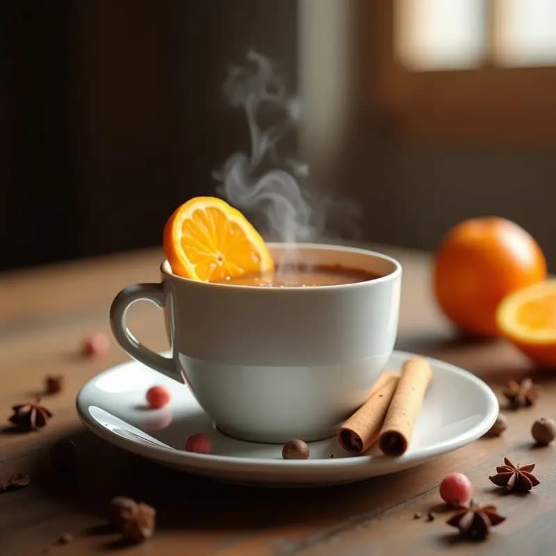 Taza de cerámica blanca con mate cocido humeante, decorada con una rodaja de naranja y una rama de canela, sobre una mesa de madera rústica con yerba mate y especias al fondo.
