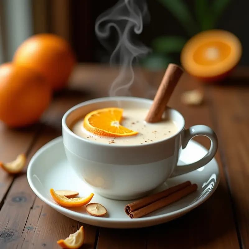 Taza de cerámica blanca humeante con mate cocido con leche de almendras, decorada con una rama de canela y cáscara de naranja seca, sobre una mesa de madera rústica con yerba mate y almendras al fondo.