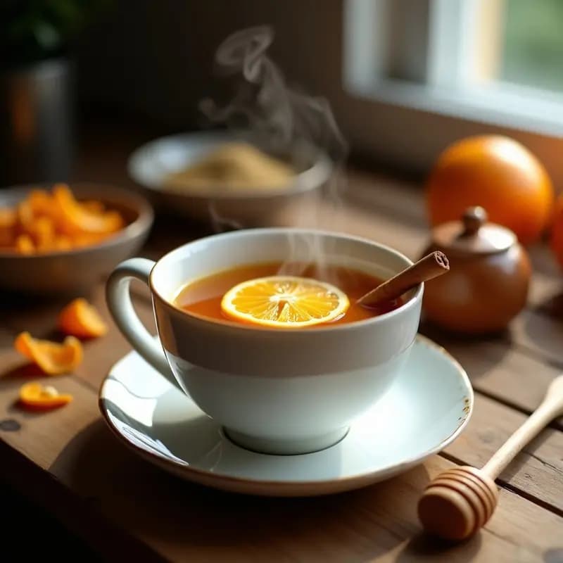 Taza de cerámica blanca humeante con mate cocido argentino, decorada con una rodaja de naranja y una rama de canela, sobre una mesa de madera rústica con yerba mate y miel al fondo.