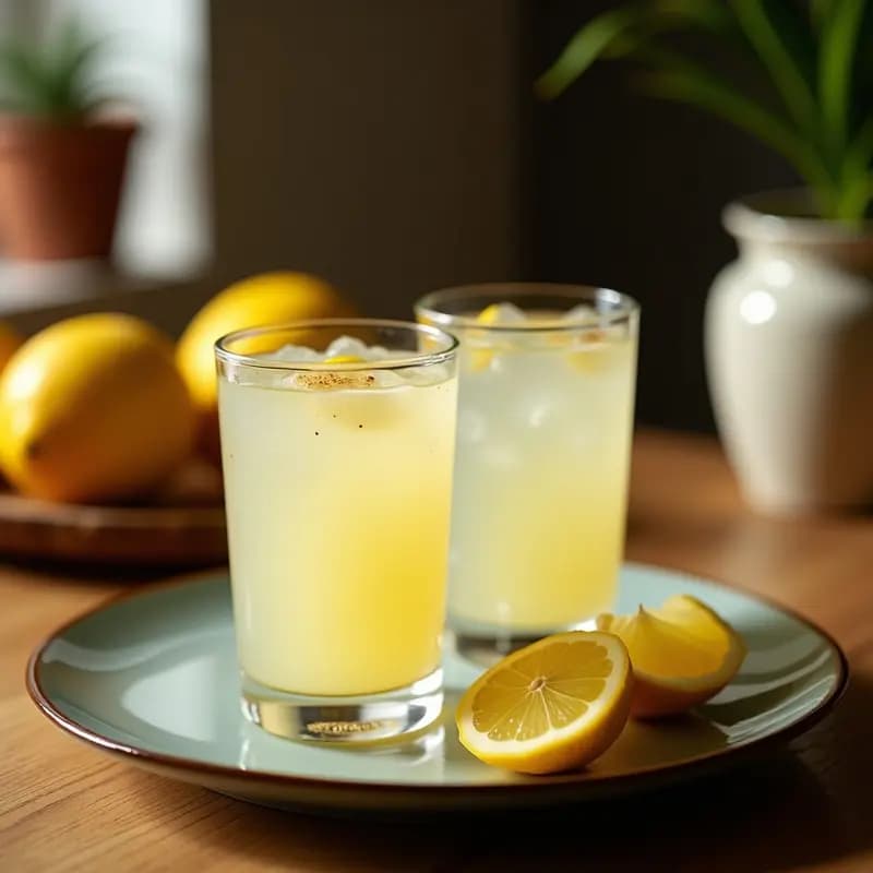 Vaso alto transparente con Mate de Coco y Limón, decorado con rodajas de limón, hojas de menta y hielo picado, sobre una mesa de madera con fondo desenfocado.