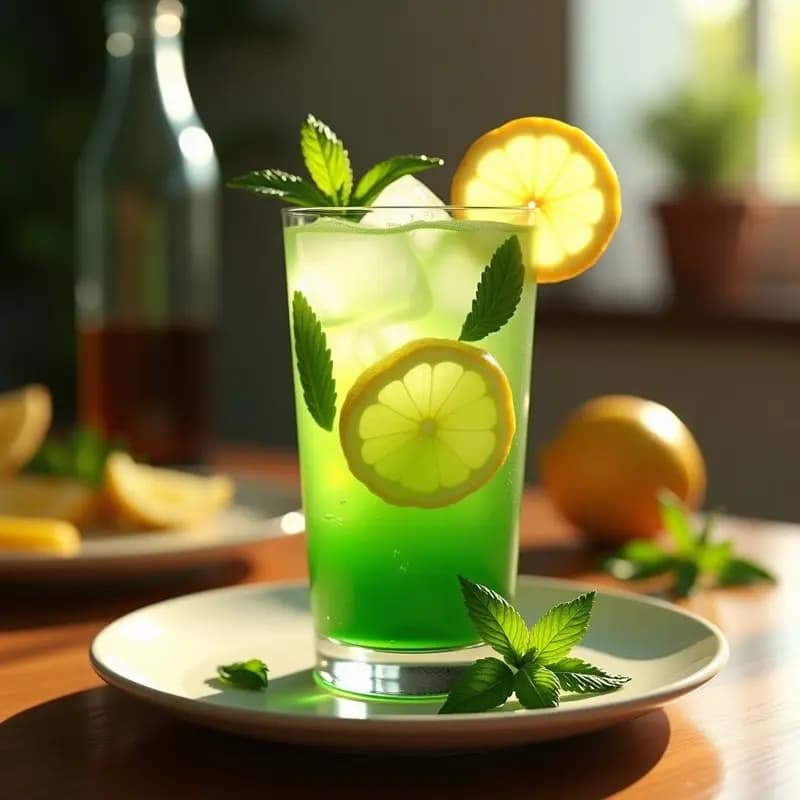 Vaso alto de vidrio transparente lleno de mate helado con limón y hierbabuena, con hielo brillante, rodajas de limón y hojas verdes de hierbabuena fresca flotando. Fondo borroso de verano con luz natural y sombras frescas.