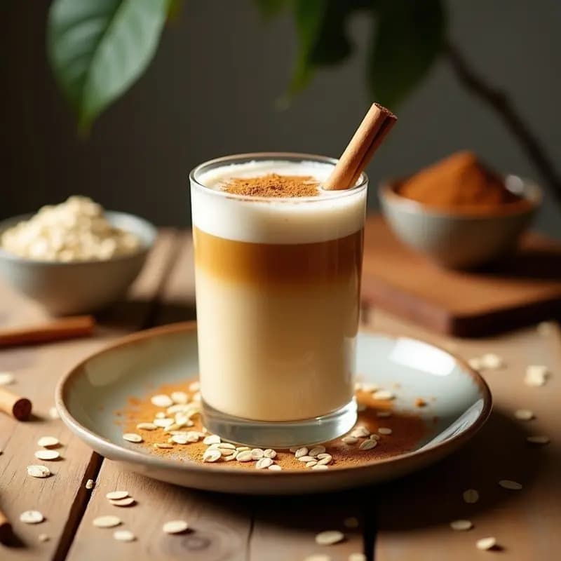 Vaso alto transparente con Mate Latte con Avena y Canela, bebida vegana argentina espumosa y dorada, decorada con canela en polvo y una ramita de canela, sobre fondo rústico de madera con yerba mate y hojuelas de avena esparcidas.