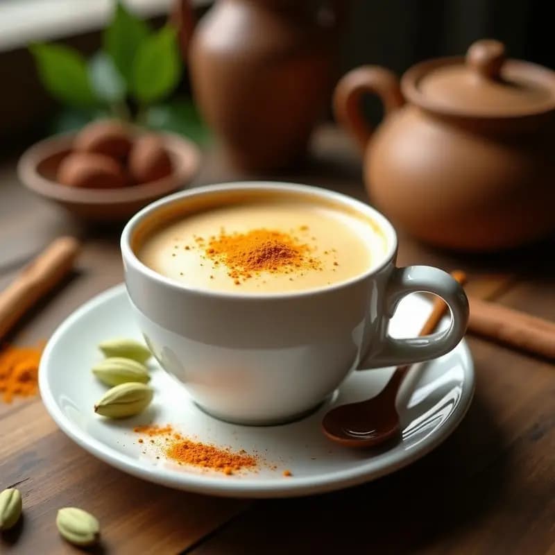 Taza de cerámica blanca con Mate Latte con Especias de Cardamomo, espuma cremosa y un toque de cúrcuma y canela en polvo por encima, sobre una mesa de madera con semillas de cardamomo y una rama de canela al lado.