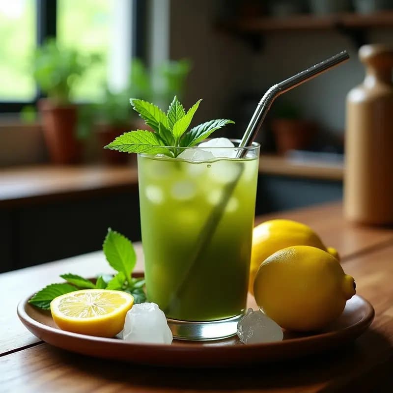 Mate de calabaza con yerba, bombilla metálica, rodajas de limón amarillo y hojas frescas de menta y cedrón, rodeado de cubos de hielo en un fondo rústico de madera. Bebida paraguaya refrescante y depurativa para el verano.