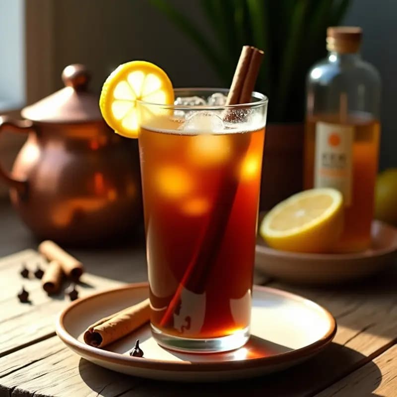 Vaso alto transparente con Mazagran argelino frío, bebida de café oscuro con reflejos dorados por el agua de azahar, decorado con una rama de canela y rodaja de limón sobre una mesa rústica de madera con fondo de especias y vasija de cobre.