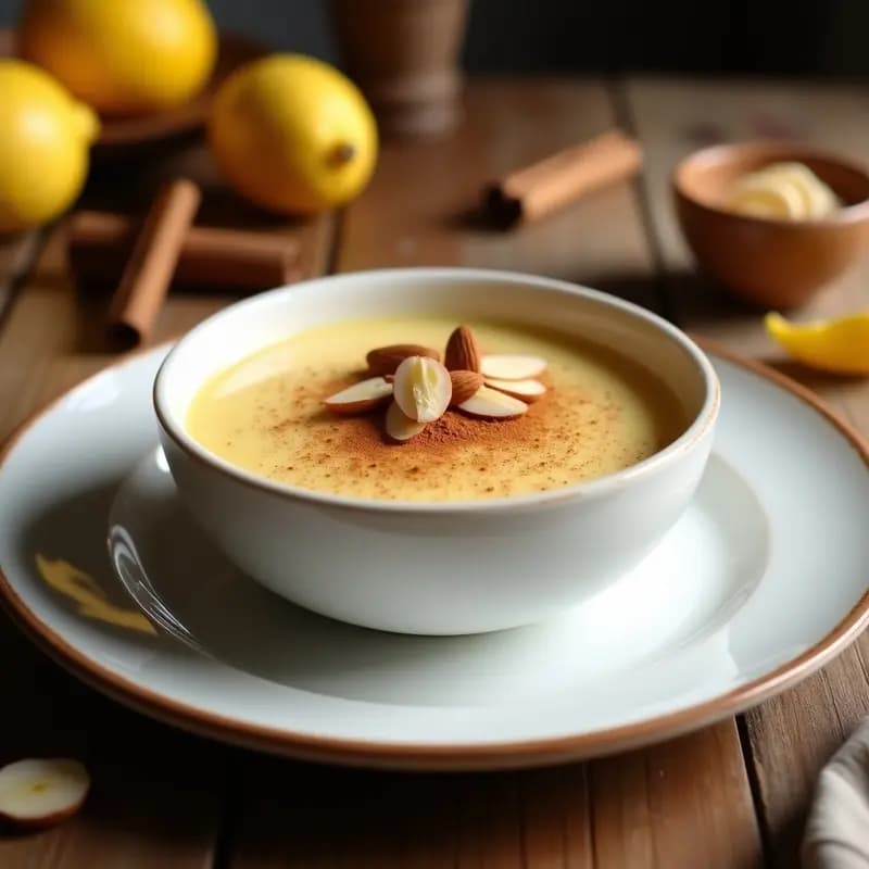 Cuenco de cerámica blanca con mazamorra de almendras cremosa, espolvoreada con canela en polvo y decorada con almendras fileteadas, sobre una mesa rústica de madera con un fondo borroso de cocina tradicional.