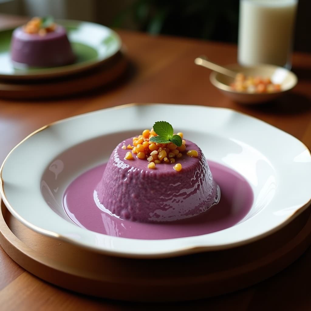 Vaso transparente con capas de mazamorra morada vegana, semillas de chía, trozos de higo y pépitas de granada, coronado con un hilo de leche de coco. Fondo rústico con especias y maíz morado al alrededor.