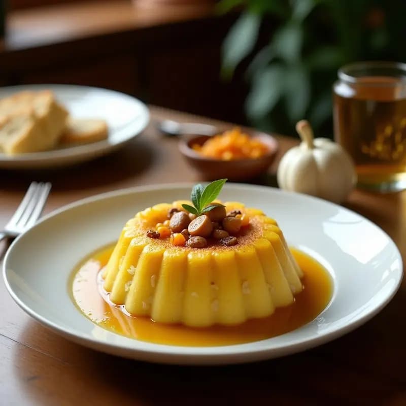 Cazuela de barro con mazamorra morisca dorada, textura cremosa y almendras fileteadas tostadas en la superficie, acompañada de un chorrito de miel y canela en rama al lado.