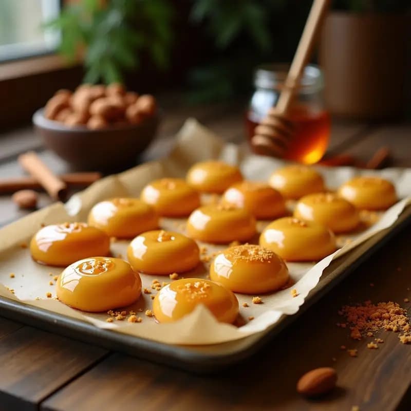Mazapán de almendras y miel toledano en forma de bolas aplastadas, doradas y brillantes, sobre papel de horno rústico. Receta tradicional navideña con textura suave y aroma a canela.